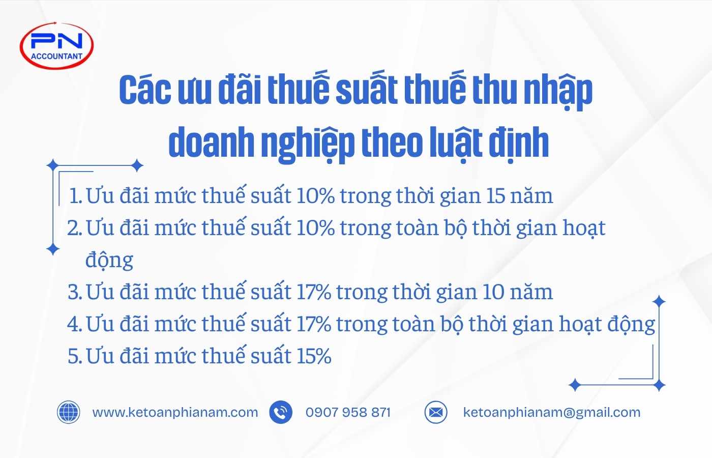 Các ưu đãi thuế suất thuế thu nhập doanh nghiệp theo luật định