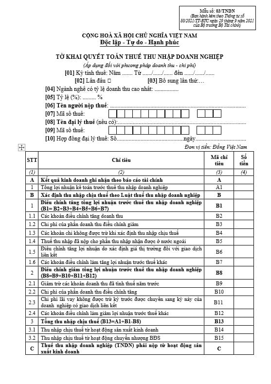 Mẫu tờ khai quyết toán thuế TNDN theo mẫu số 03/TNDN