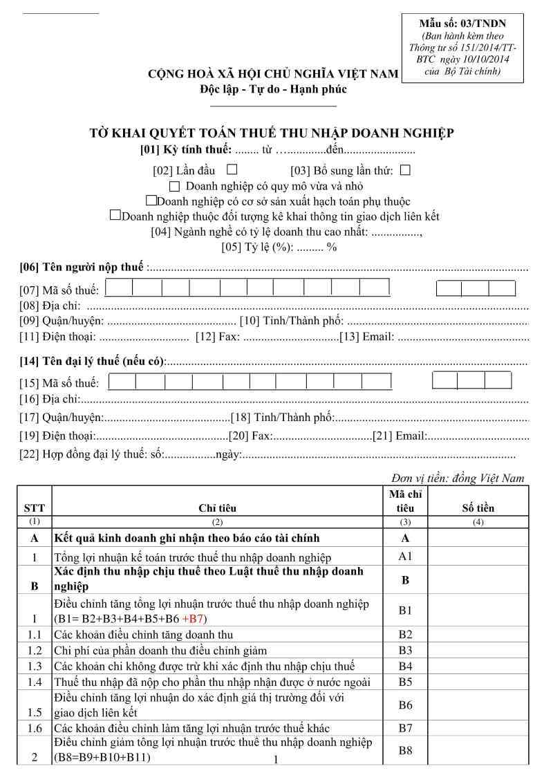 Tờ khai quyết toán thuế TNDN theo mẫu tờ khai 03/TNDN