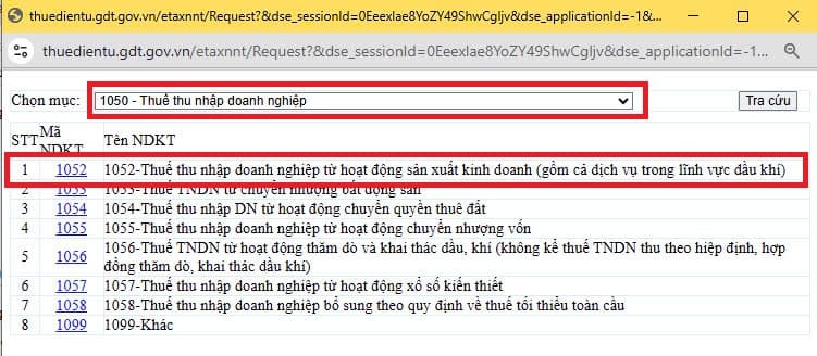 Tra cứu mã tiểu mục thuế TNDN khi nộp thuế điện tử