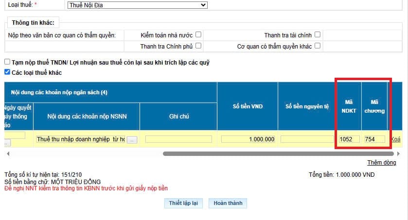 Tra cứu mã tiểu mục thuế TNDN khi nộp thuế điện tử