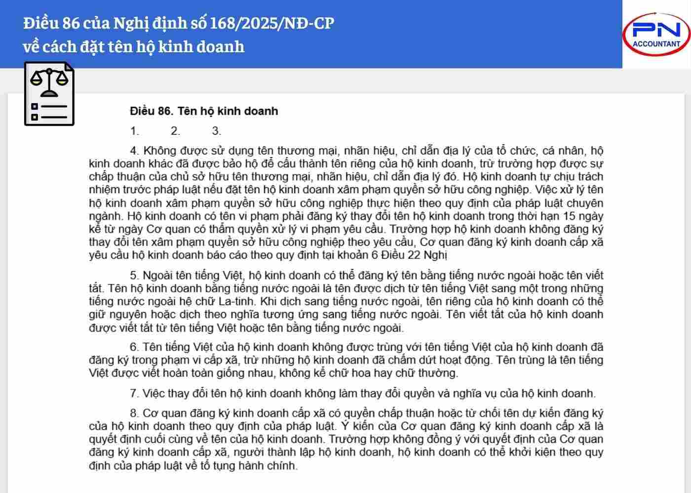 Điều 86 của Nghị định số 168/2025/NĐ-CP về cách đặt tên hộ kinh doanh
