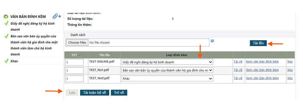 Màn hình tải các tài liệu đính kèm khi đăng ký hộ kinh doanh online