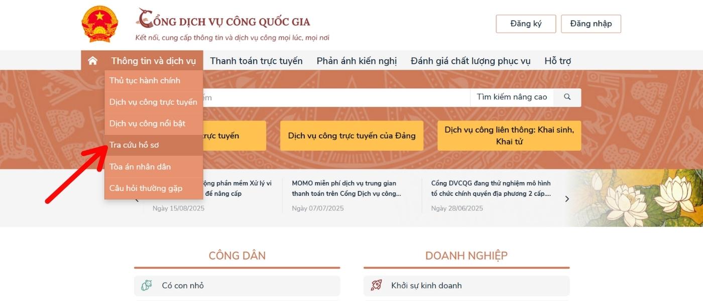 Chọn phần "Tra cứu hồ sơ" trên trang chủ