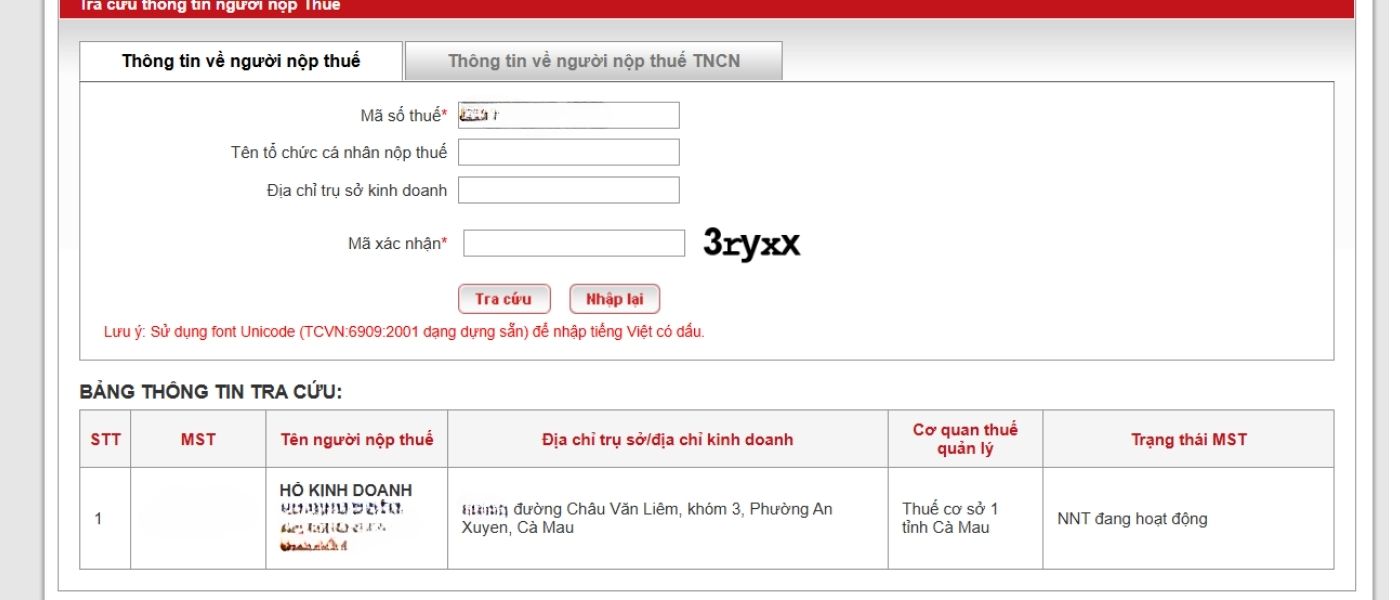 Kết quả tra cứu mã số thuế hộ kinh doanh tại trang Tổng cục Thuế