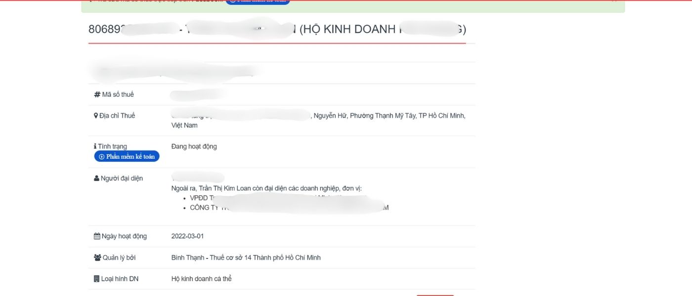Thông tin chi tiết của hộ kinh doanh cá thể sau khi tra cứu