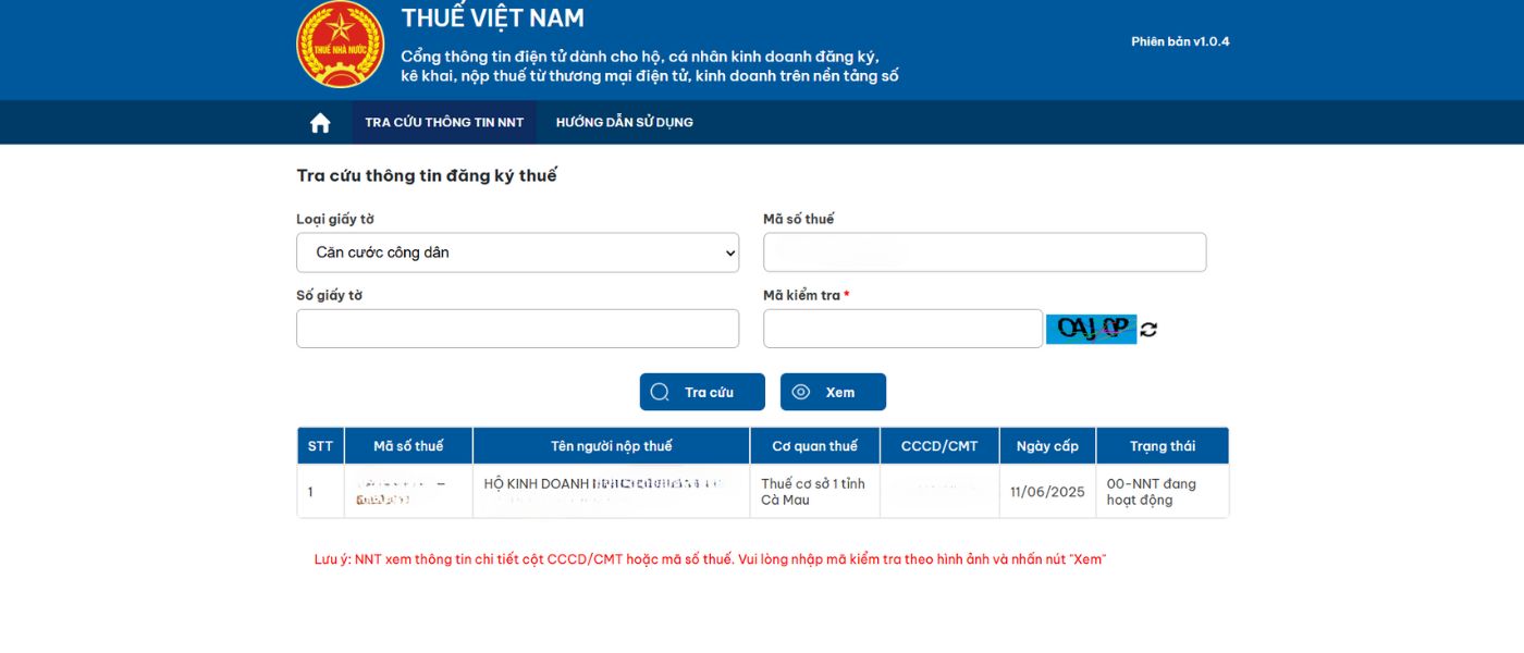 Màn hình hiển thị thông tin hộ kinh doanh cá thể tại trang Thuế điện tử