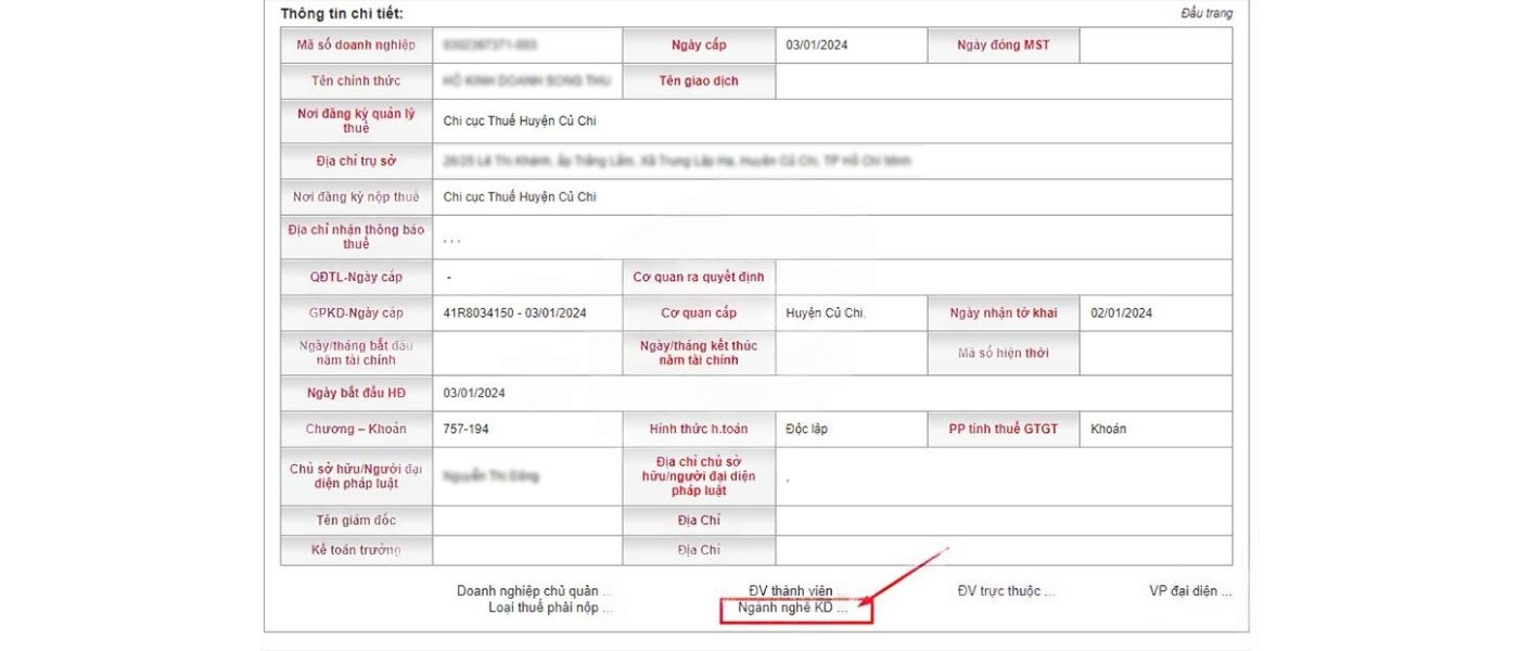 Chọn mục ngành nghề kinh doanh bên dưới thông tin của hộ kinh doanh