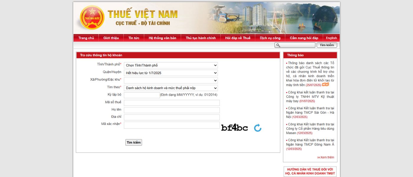 Giao diện trang tra cứu thuế hộ kinh doanh cá thể theo phương pháp khoán