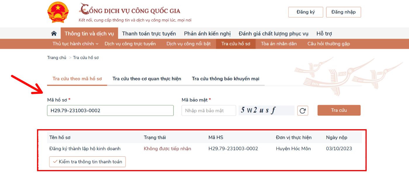 Kết quả hiển thị thông tin đăng ký hộ kinh doanh cá thể cần tra cứu