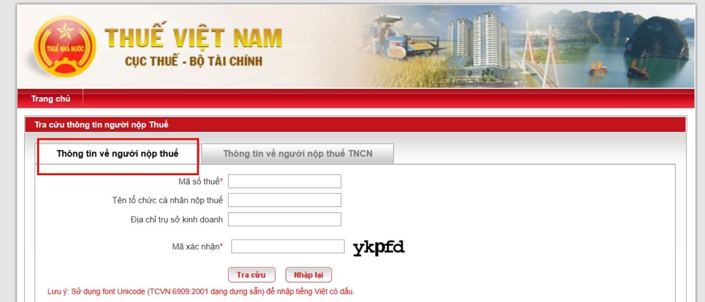 Giao diện trang tra cứu mã số thuế hộ kinh doanh cá thể của Tổng cục Thuế