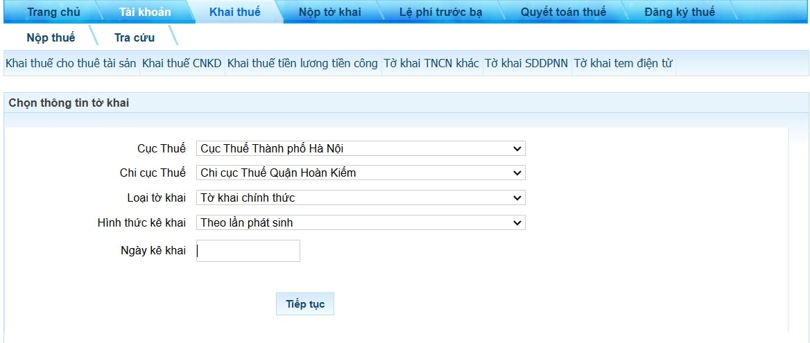 Chọn hình thức kê khai và nhấn "Tiếp tục"