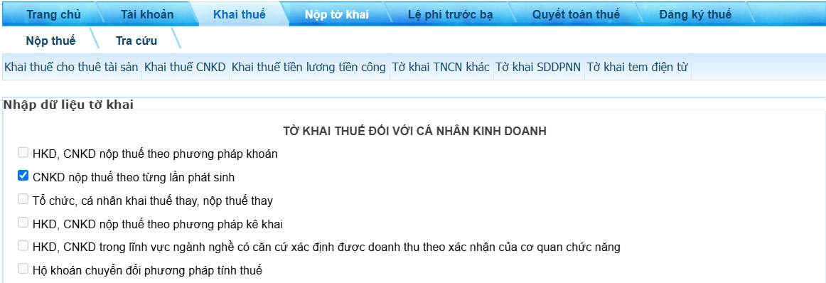 Chọn "CNKD nộp thuế theo từng lần phát sinh"