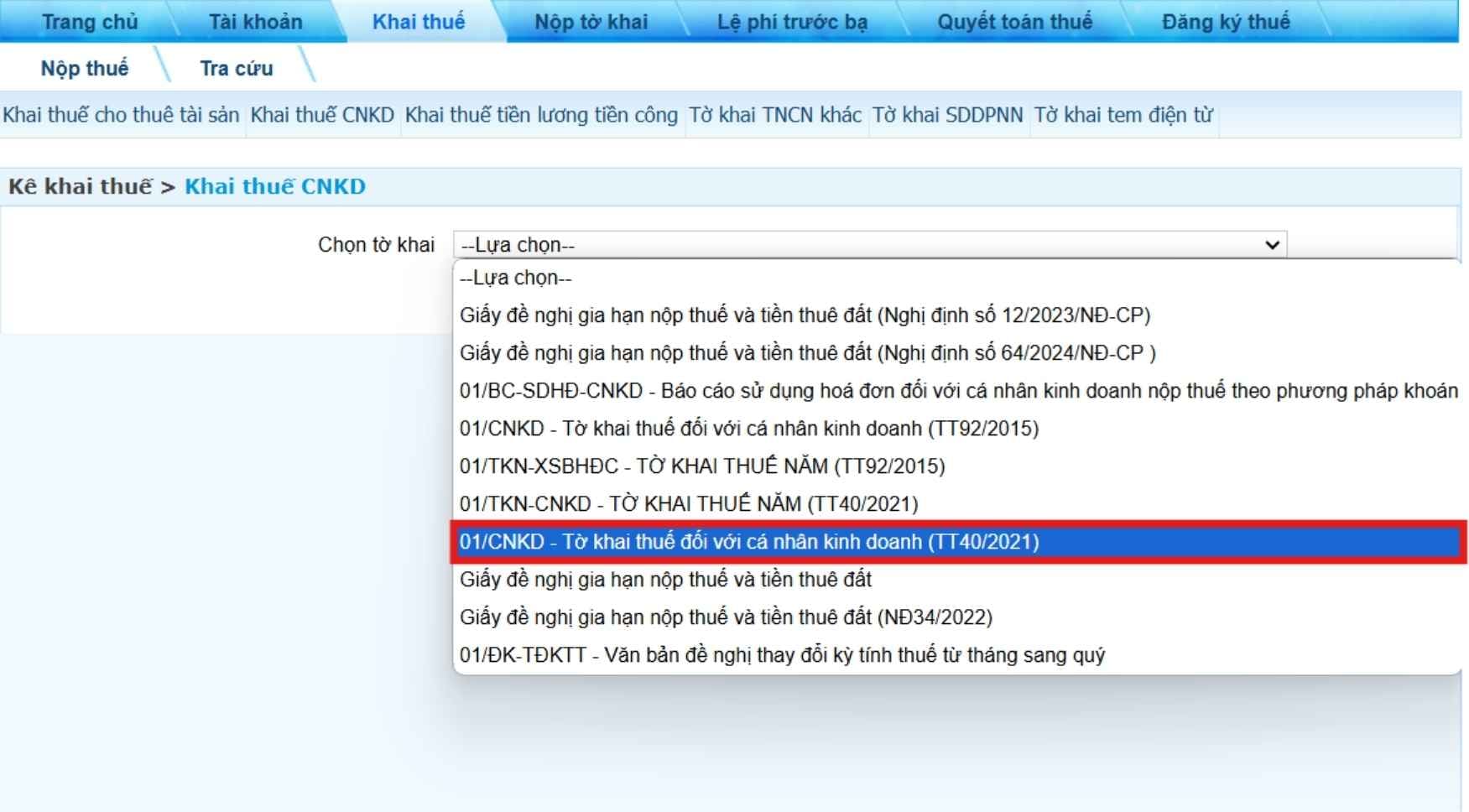 Chọn mẫu 01/CNKD - Tờ khai dành cho cá nhân kinh doanh, hộ kinh doanh