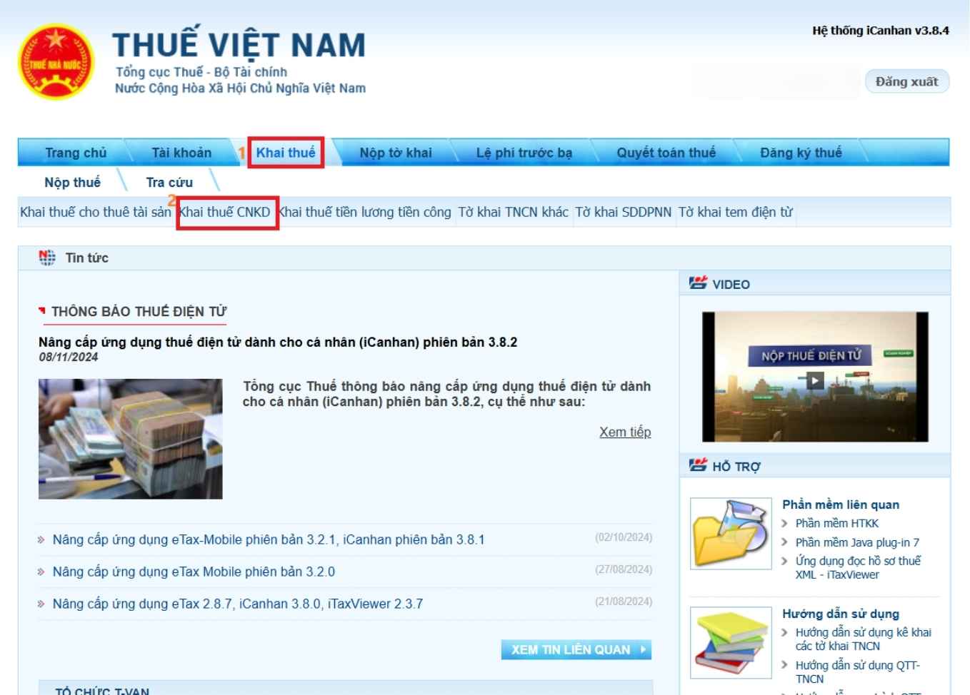 Chọn mục Khai thuế